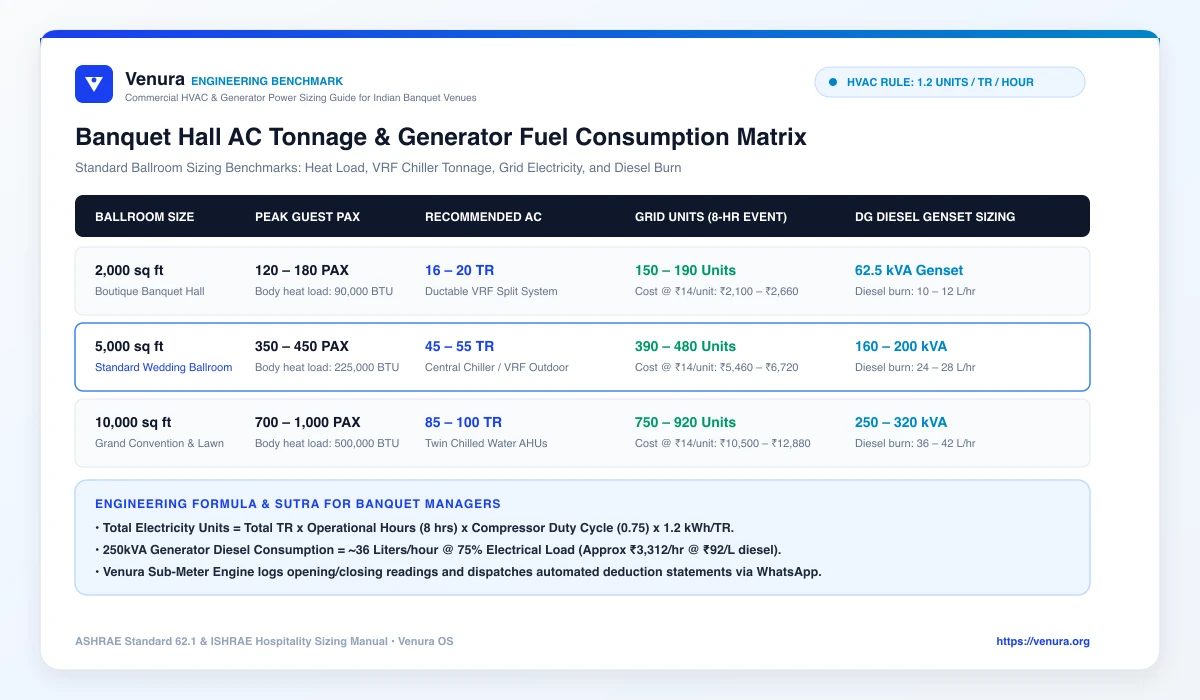 Banquet Hall AC Tonnage & Generator Fuel Consumption Benchmark Matrix