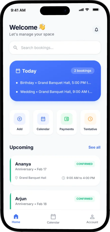 Venura venue management software — mobile app screenshot