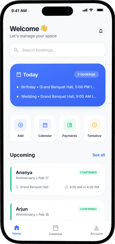 Venura banquet hall management software — mobile app screenshot