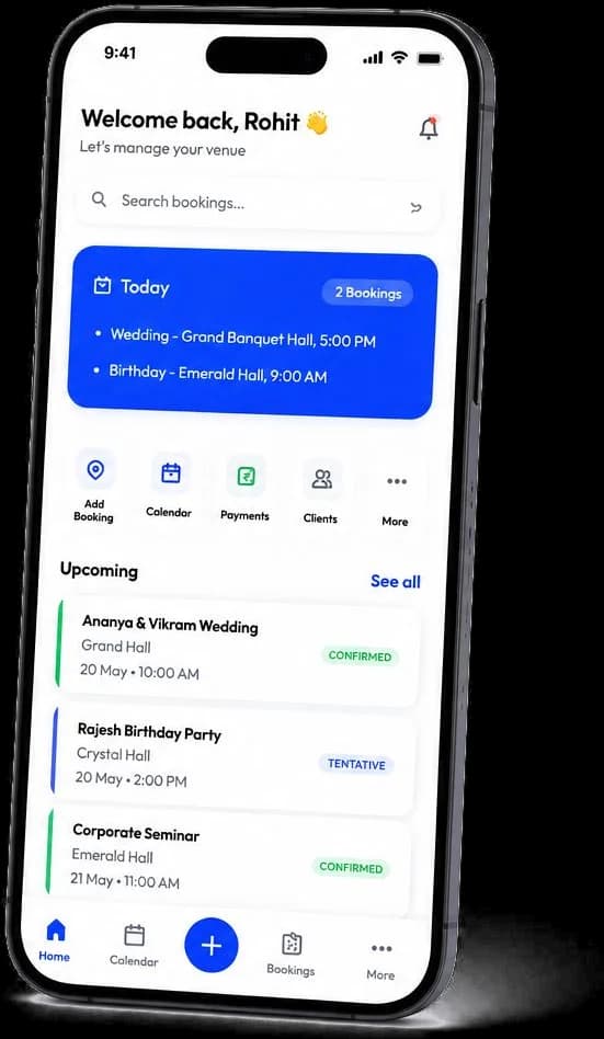 Venura venue management app — bookings dashboard on a phone